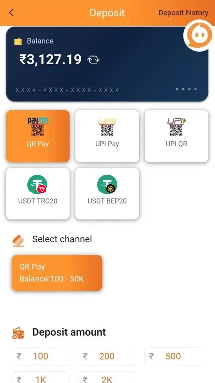 TC 2.0 deposit screen with UPI and USDT options
