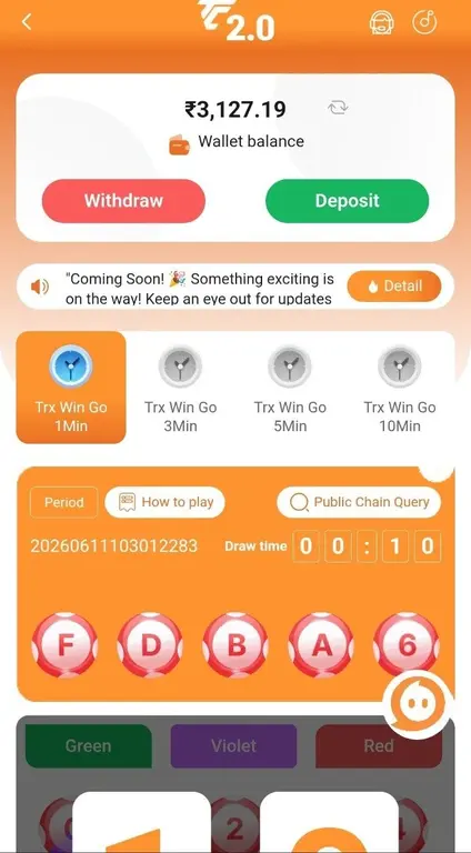 TRX WinGo game screen with TRON block results