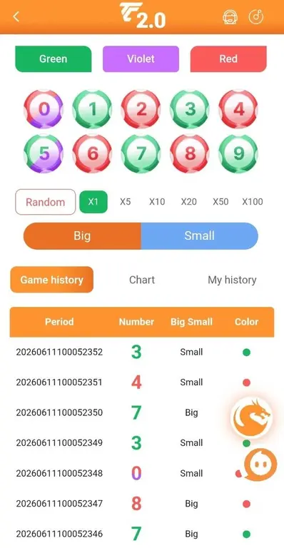 WinGo game screen — choose green, violet, red, a number or big/small